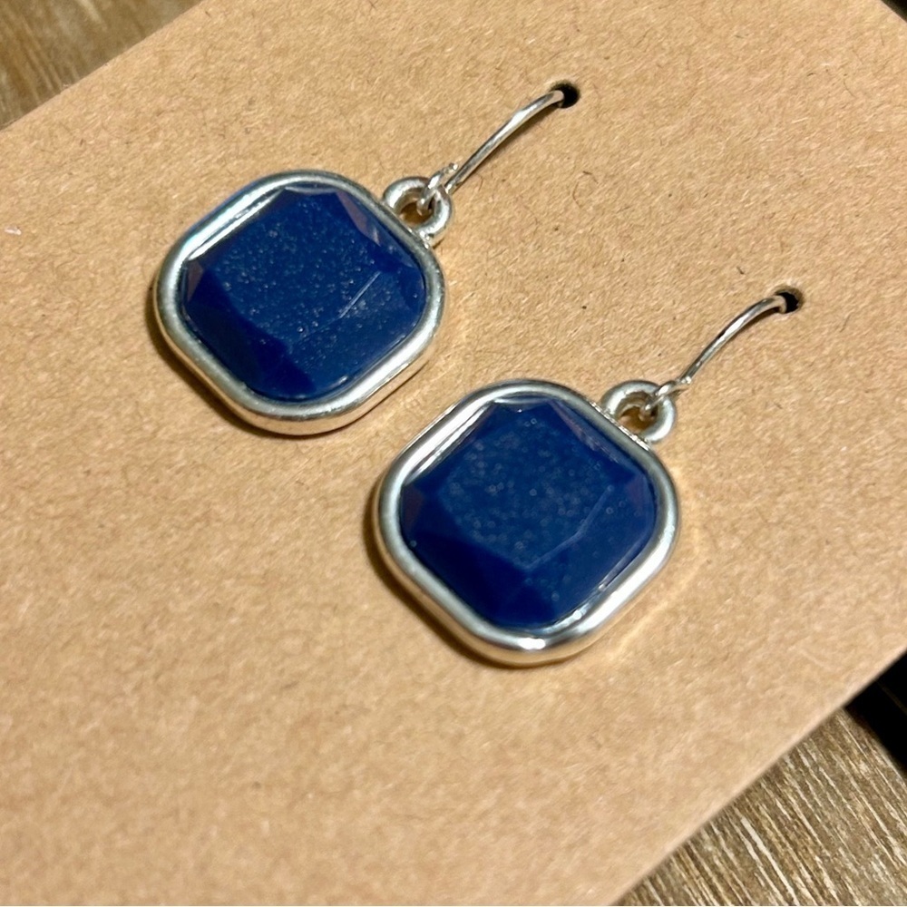 Versatile Silver & Blue Sparkle Square Stone Drop Earrings